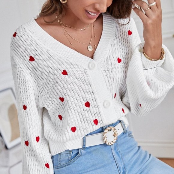 Heart Embroidered Bishop Sleeve knit Sweater Cardigan - Picture 4 of 5
